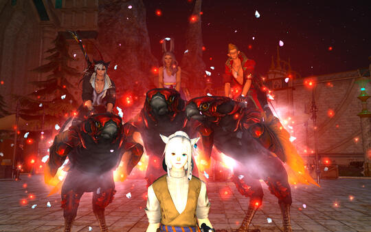 Raziel Dantalion (left), Seiya Solainteau (center-rear), Lanuaria Greyhame (center-front), Leo Howlite (right)