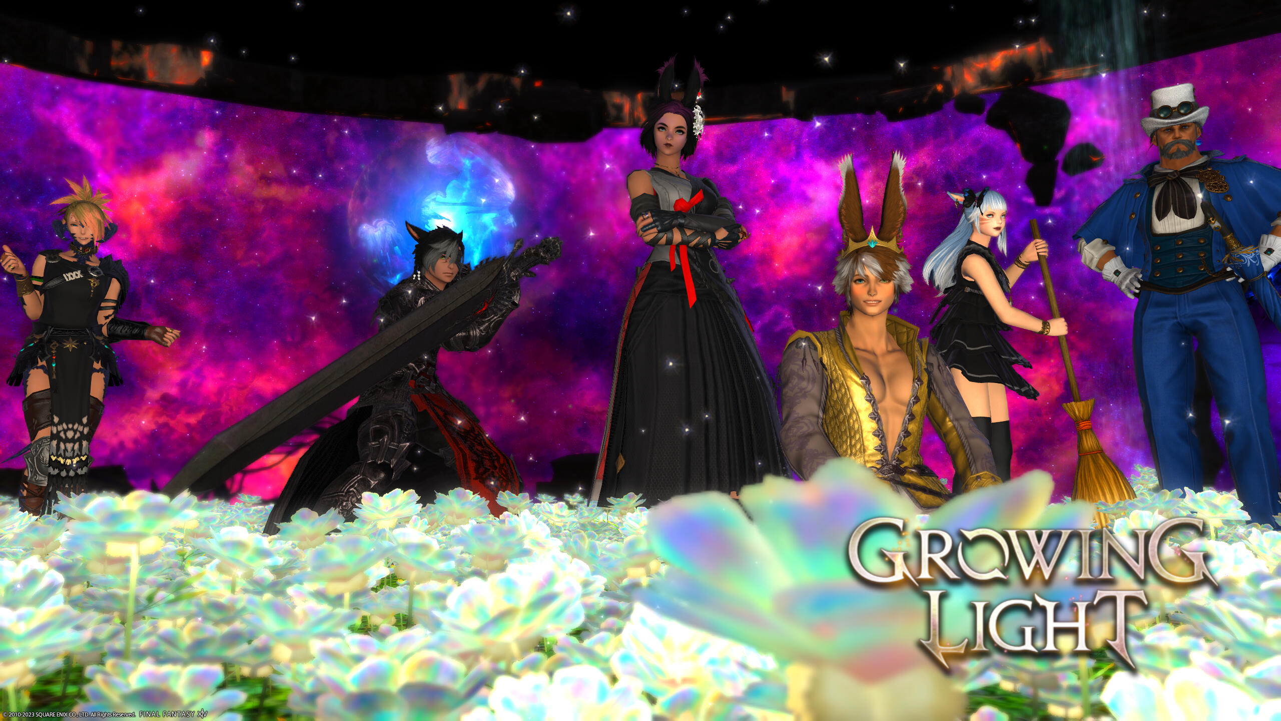 "Heaven's Dusk '23": Stevie Synagogue (left), Raziel Dantalion, Athalla Carillaut (center), Leo Howlite, C'zja Dawnseeker, Waltch Vance (right)